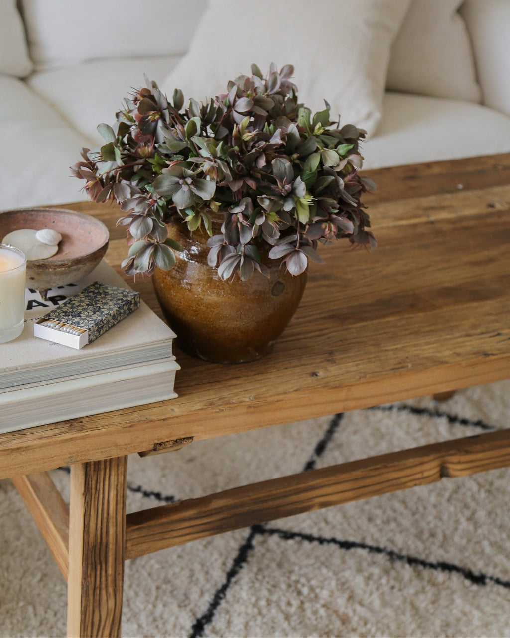 Vintage wood coffee table in dark elm with potted plant and books on top in a cozy living room setting