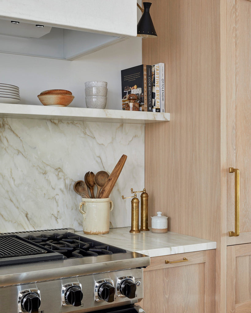 Styled Atlas Brass Grinders in a timeless european style kitchen.